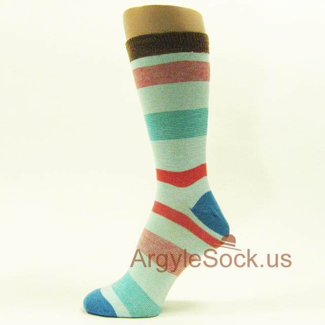 Neon Pink Welt Blue & White Thin Zig Zag Stripe Man's Sock