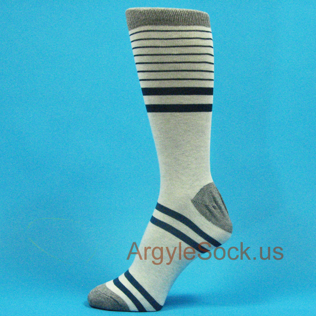 Light Gray, Dark Teal Stripe Socks for Man with Grey Toe & Heel