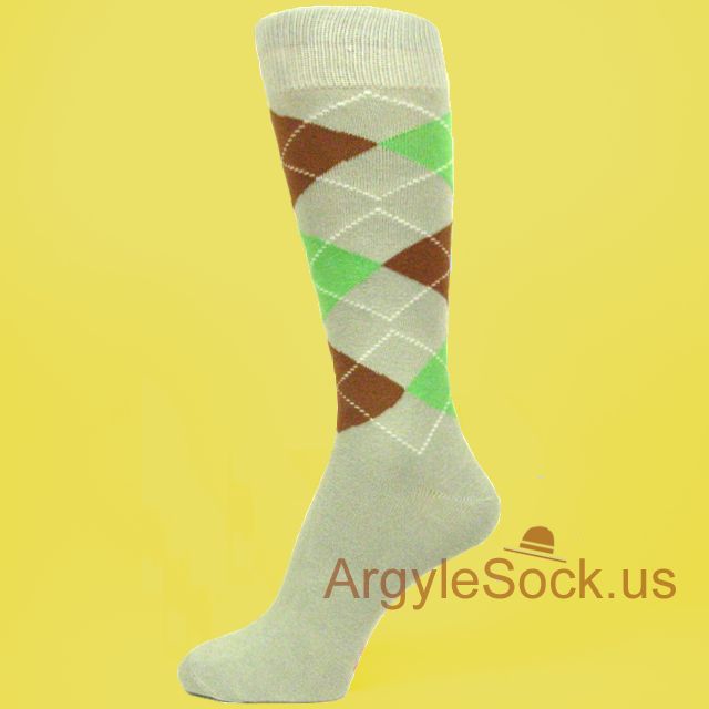 Light Grey Light Spring Green Brown Argyle Socks for Men
