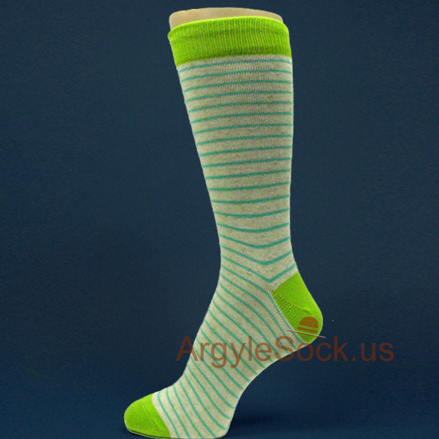 Lime Green Toe Heel Welt, BlueGreen Stripes Beige Heather Socks