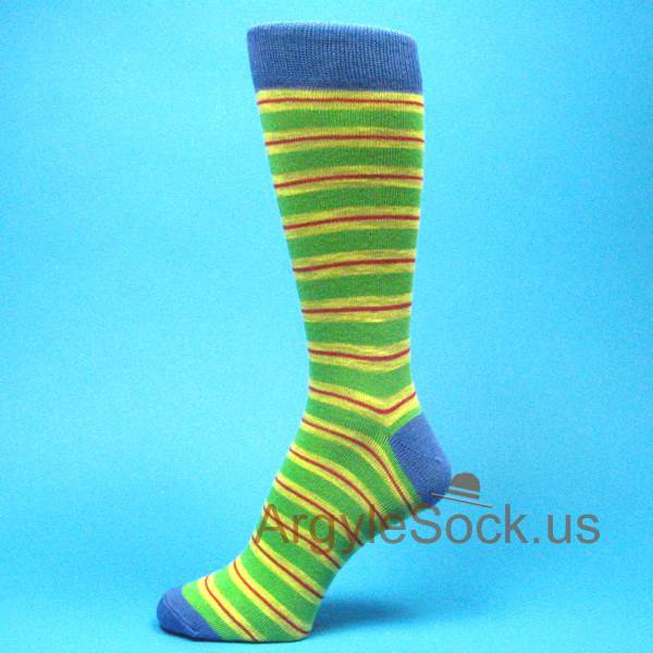 Lime Green Yellow Red Stripe Mens Sock with Blue Toe & Heel