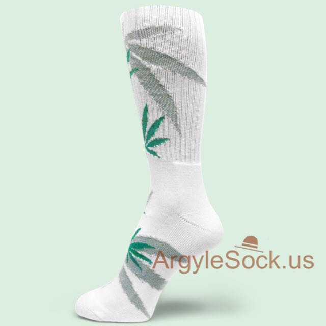 White Marijuana Weed Leaf Theme Dress Socks for Men