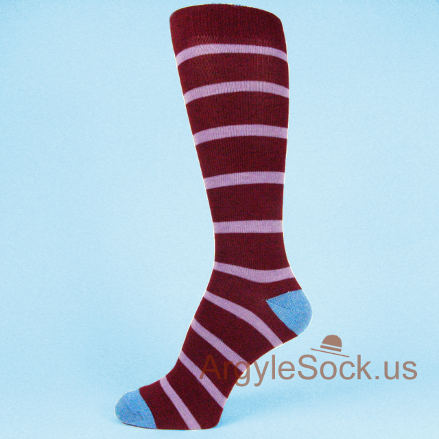Maroon Mans Socks with Lavender Stripes and Sky Blue Toe & Heel