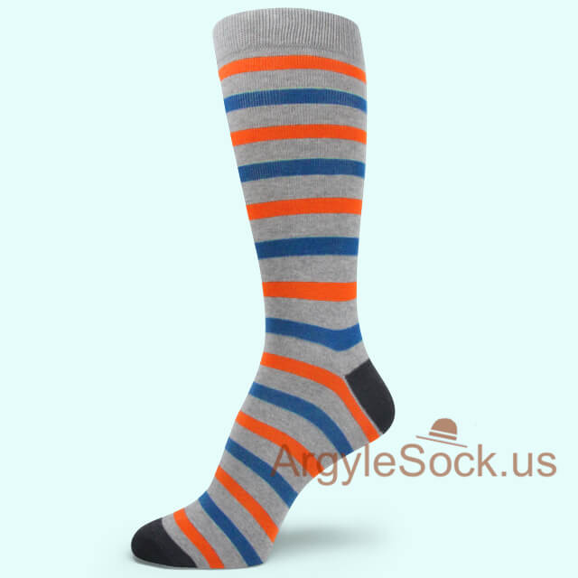 Mens Grey Socks with Orange and Teal Stripes
