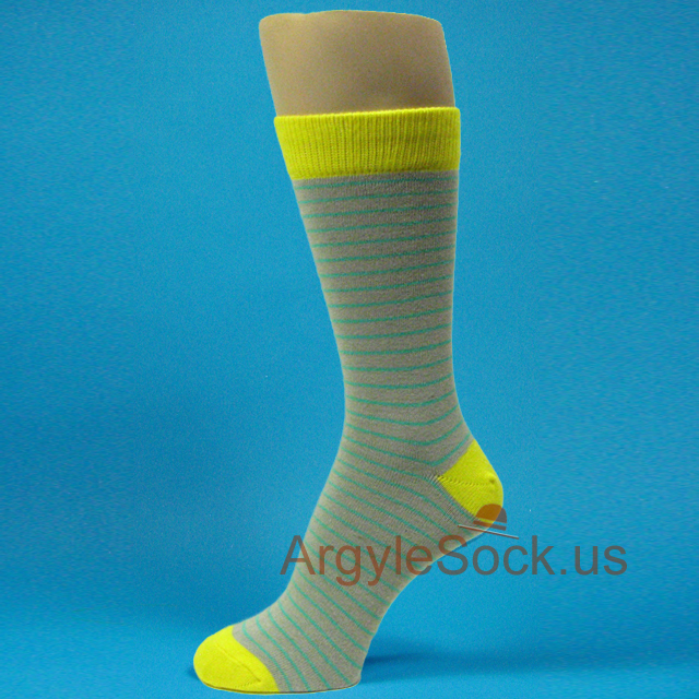 Mens Gray Stripe Dress Socks with Yellow Toe Heel & Welt