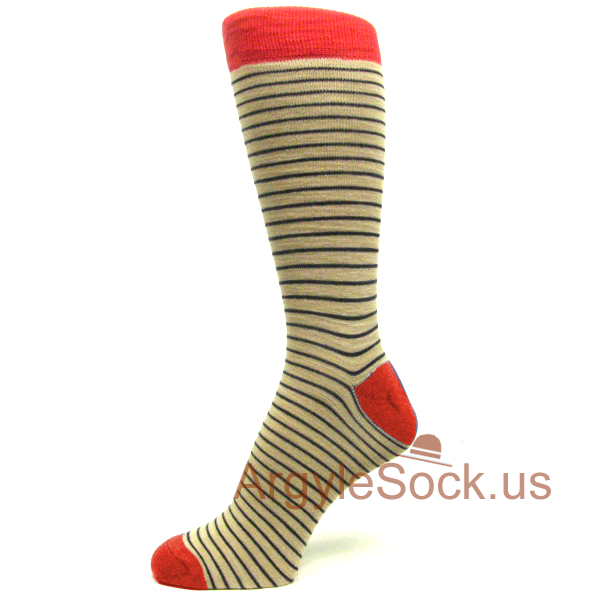 Navy Thin Striped Beige Socks for Men with Red Toe & Heel