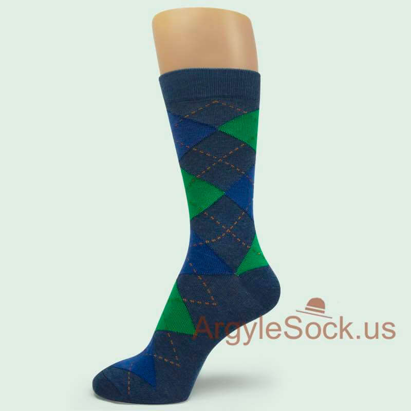 Midnight Blue with Bright Green and Blue Argyle Man's Socks