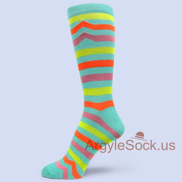 Mint Striped Socks for Men with Neon Orange & Pink Pulses