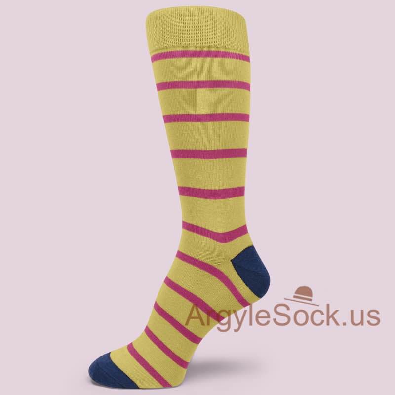 Mustard Yellow with Bright Pink Thin Striped Men's Socks