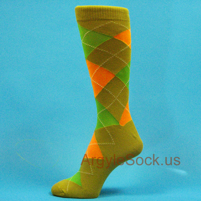 Dark Mustard Yellow Orange Lime Green Argyle Sock for Men