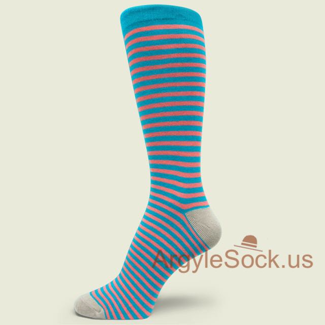 Neon (or Bright) Blue and Peach Striped Dress Socks for Men