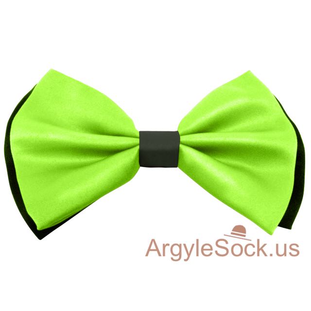 Neon Shiny Green Black Bow Tie w/ Elastic Strap for Groomsmen