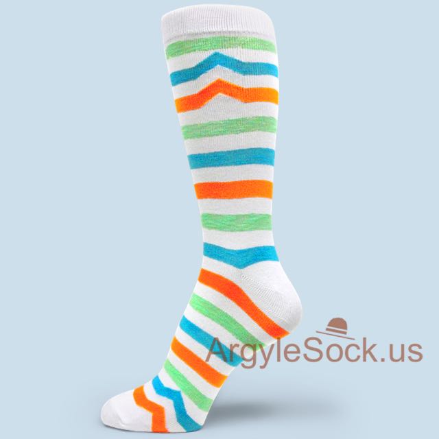Neon Orange Bright Blue Pulse Stripe and Mint Stripe White Socks