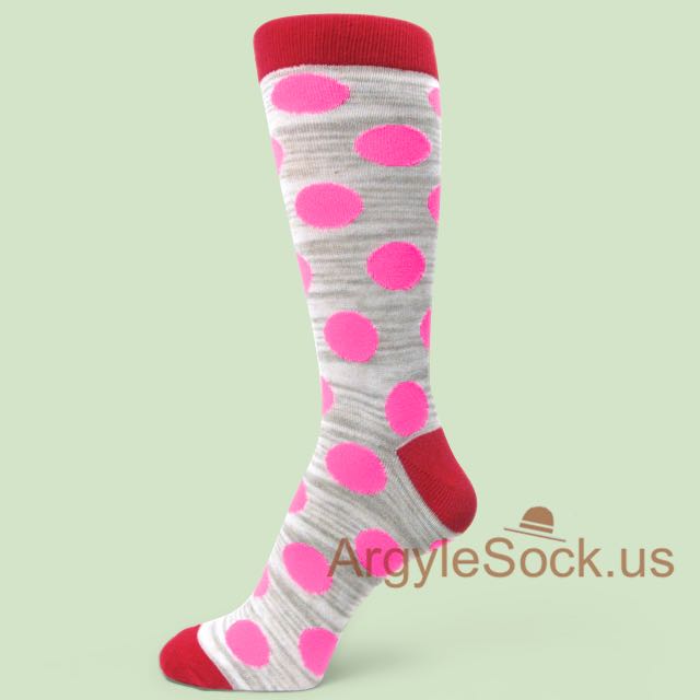 Neon Pink Large Polka Dots on Heather Grey Dress Socks for Man