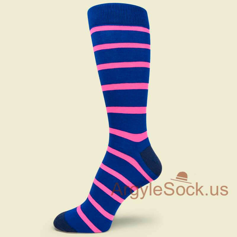 Neon Pink Stripes Dark Blue Mens' Socks with Navy Blue Heel