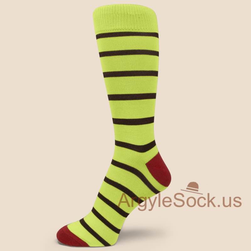Neon Yellow Man's Socks with Dark Brown Stripe and Red Toe