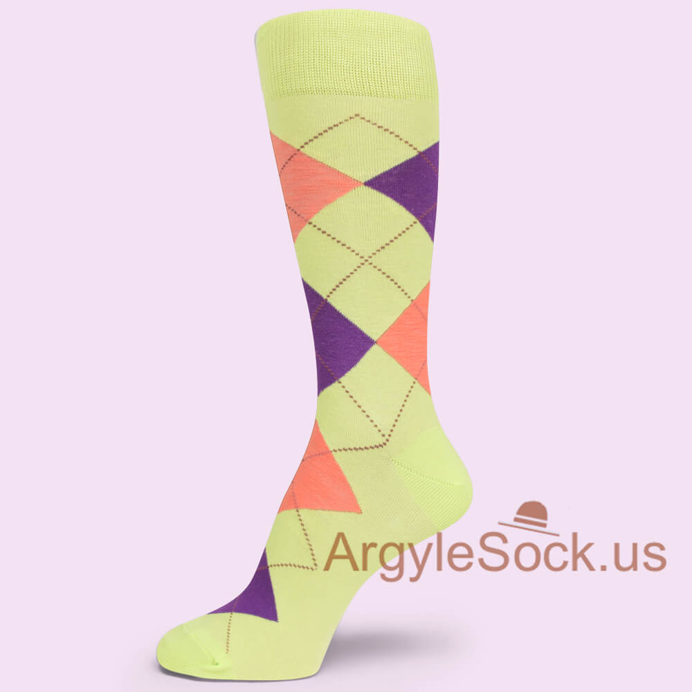Neon Yellow Bright/Neon Peach Purple Men's Argyle Dress Socks