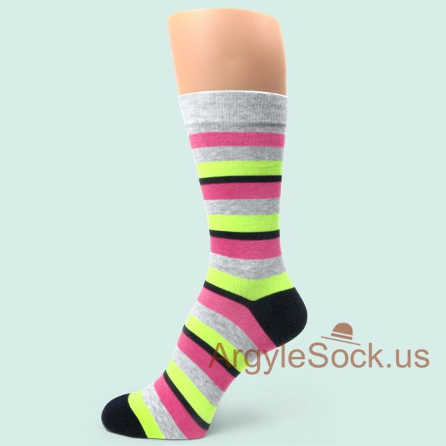 Neon Yellow Pink Grey Black Striped Dress Socks for Men