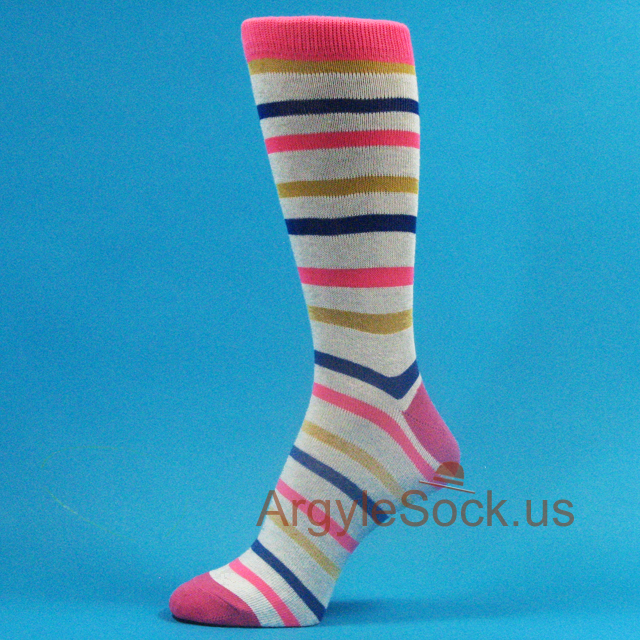 Neon Pink Blue Gold Stripes Light Grey Mens Dress Socks