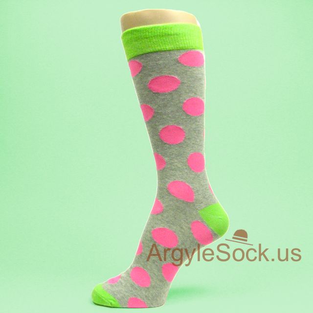 Large Neon Pink Polka Dots on Gray Socks with Lime Green Toe