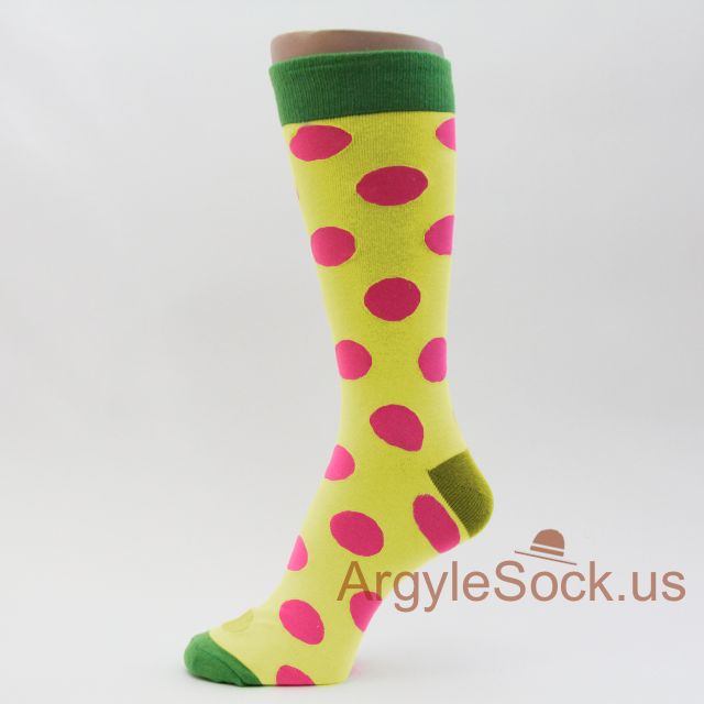 Neon Yellow Mens' Cool Dress Socks with Neon Pink Polka Dots