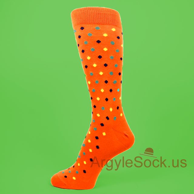 Orange Men's Dress Socks with Colorful Polka Dots