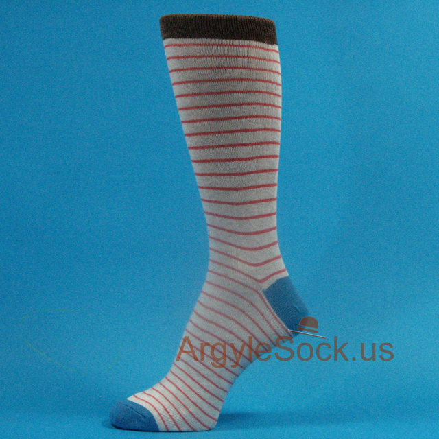 Orange Thin Stripes Blue Toe & Heel Light Gray Men's Dress Socks