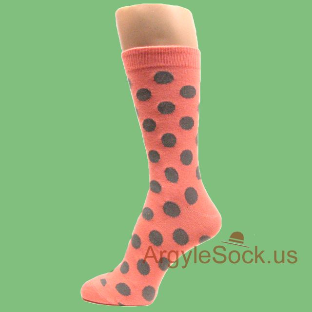 Peach Dress Socks for Men with Gray Polka Dots