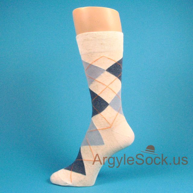 Heather White/champagne, Dark Blue Argyle Pattern Mens Socks