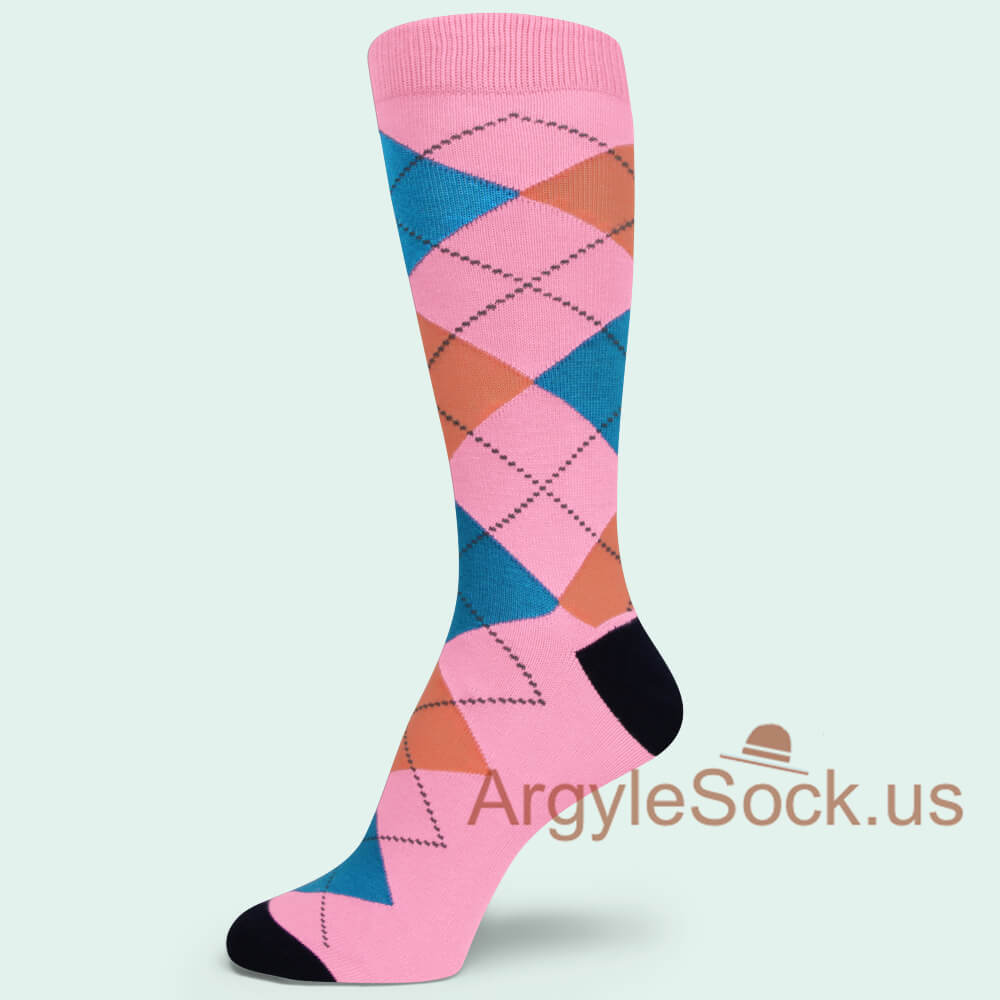 Pink Peach Bright Blue Argyle Mens Groomsmen Socks w/ Black Toe