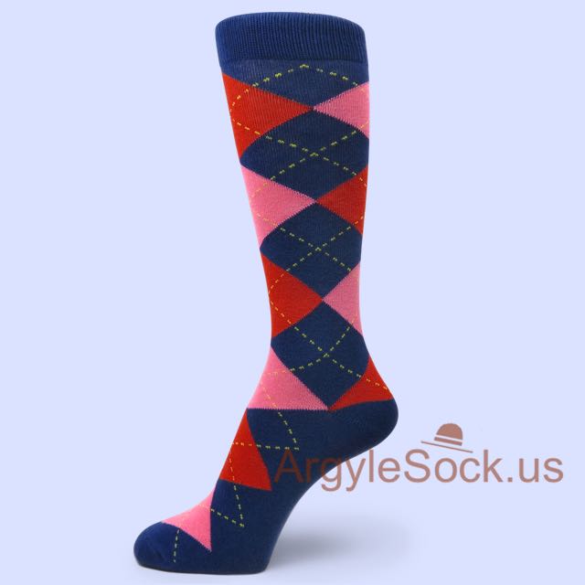Pink Red Argyles Midnight/Navy Blue Dress Socks for Man