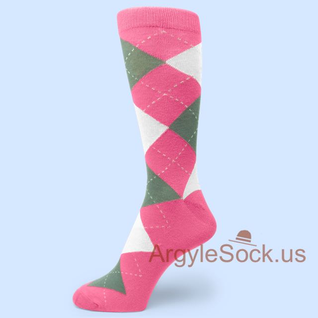 Pink Dark Gray White Argyle Dress Socks for Men