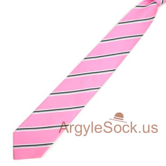Pink Black Gray White Stripe Groomsmen Mens Wedding Tie