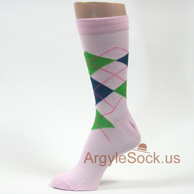 Light Pink, Bright Green, Dark Blue Argyle Men's Dress Socks