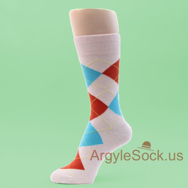 Very Light Pink, Bright Turquoise Blue, Bright Brown Argyle Sock