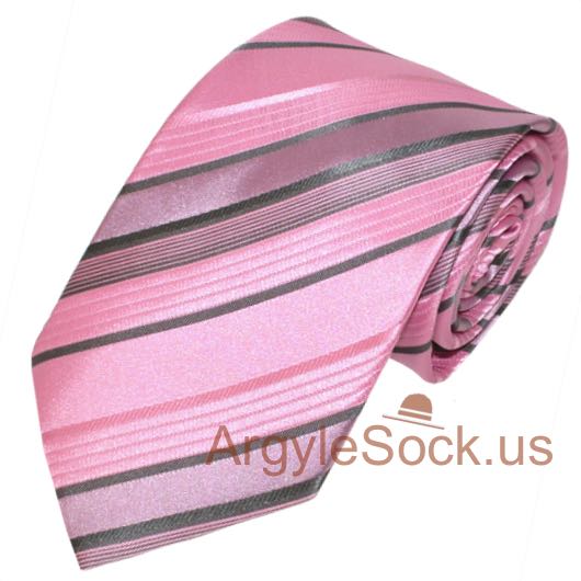 Pink Gray Diagonal Striped Groomsmen 2.75" SLIM Neck Tie
