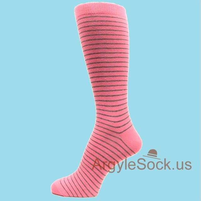 Pink Dress Socks for Men with Thin Gray Stripes