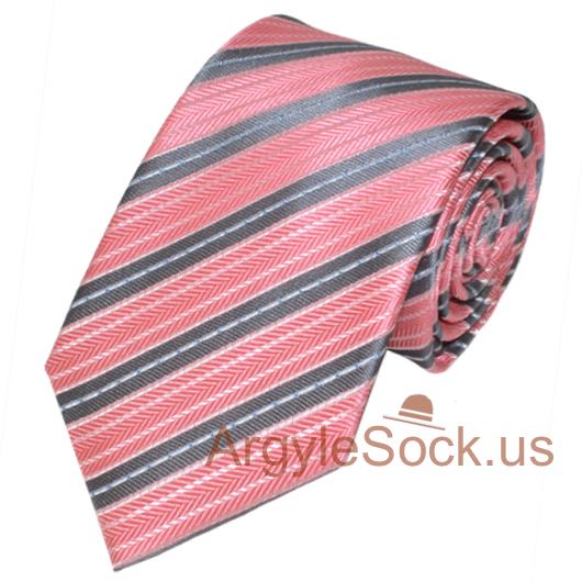 Pink Gray Diagonal Striped Groomsmen 2.75" SLIM Neck Tie