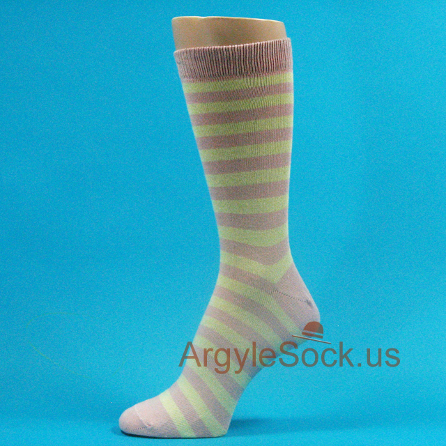 Grayish Soft Pink & Light Yellow Stripe Mens Argyle Dress Socks