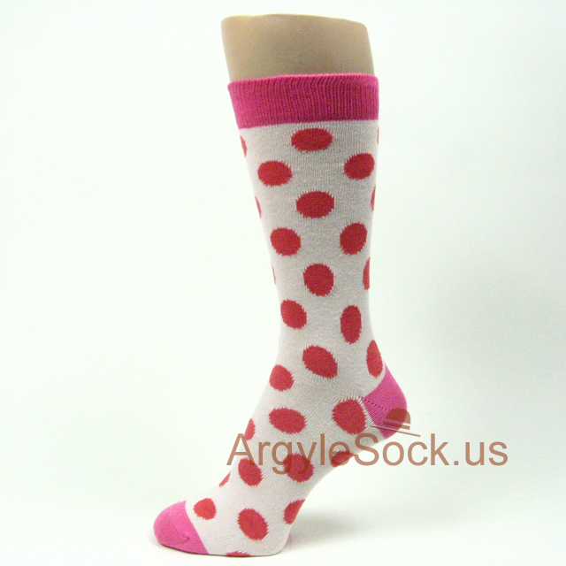 Light Pink Mans Cute Dress Sock Red Polka Dots Bright Pink Toe