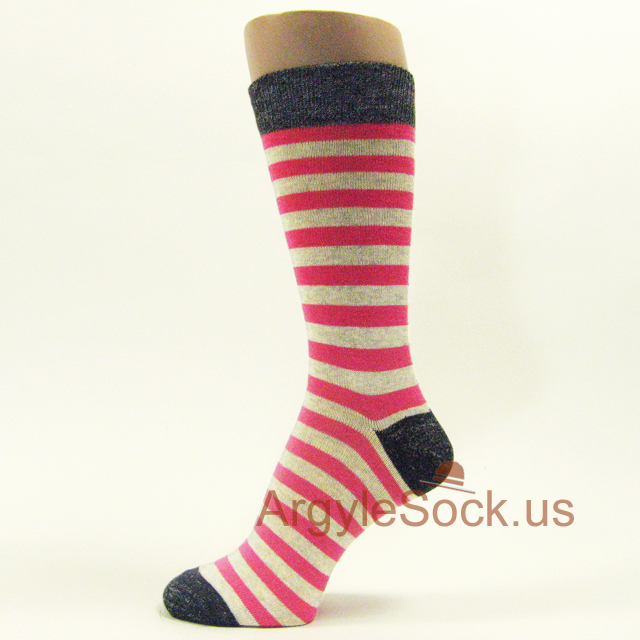 Pink Stripes on Heather Gray Mens Sock with Charcoal Grey Welt