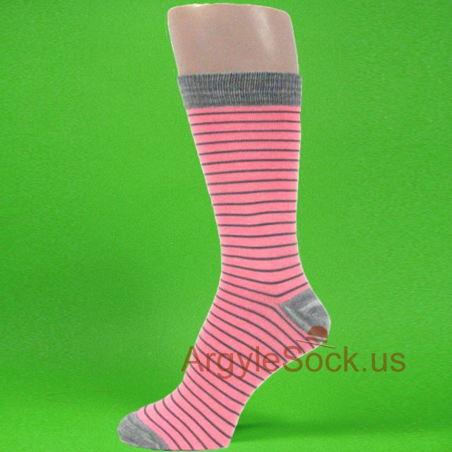 Pink with Thin Charcoal Grey Stripe Mens Sock w/ Gray Toe & Heel