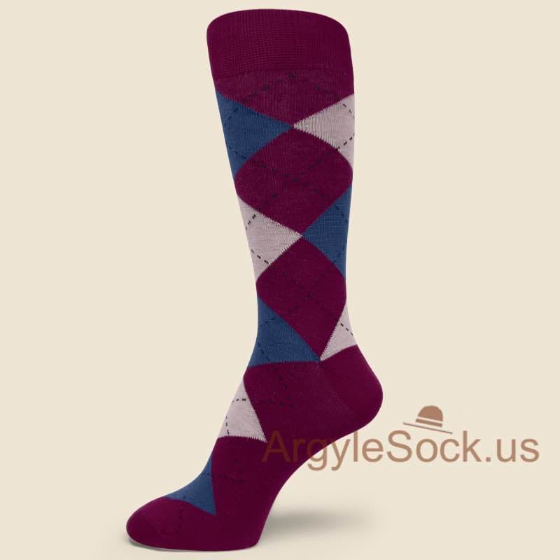 Plum Color Man's Socks with Blue and Off-White Argyles