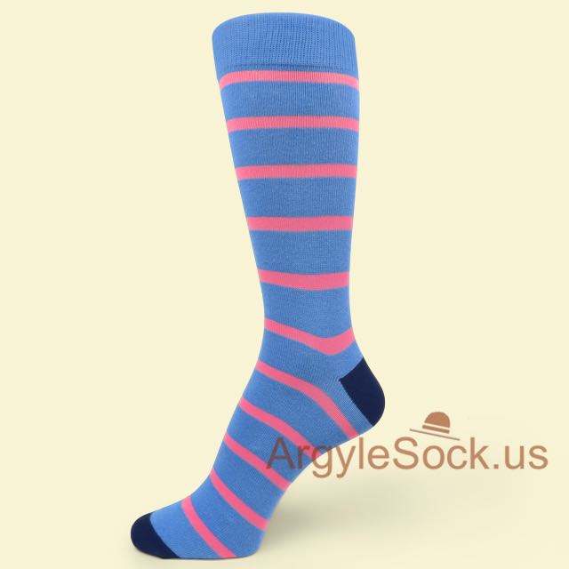 Pompadour Blue with Cute Pink Stripes Dress Socks for Men