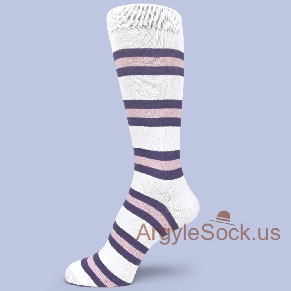 White Purple Light Pink Striped Dress Socks for Men