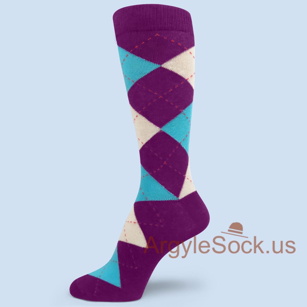 Purple Skye Blue Off-White(Cream) Argyle Socks for Man