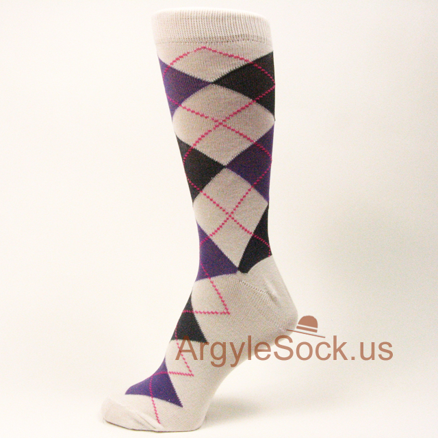 Purple Black Argyle White Mens Dress Socks