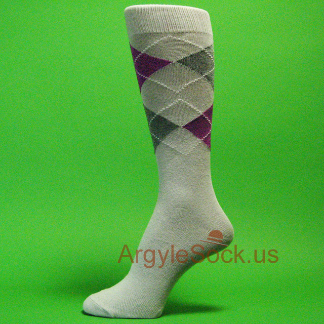 Purple Charcoal Grey on Light Gray Mens Groomsman Argyle Sock
