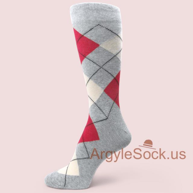 Red & Off-White/Cream Argyle Gray Dress Socks for Men