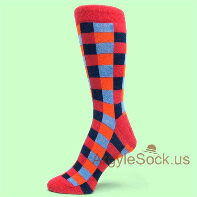 Red Midnight/Navy Orange Blue Square Check Dress Socks for Men